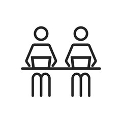 Poster - Remote co worker at the desk at the coworking office boardroom vector editable line icon. Stroke style symbol of people that work from home office on the laptop. Man on chair with computer concept V6