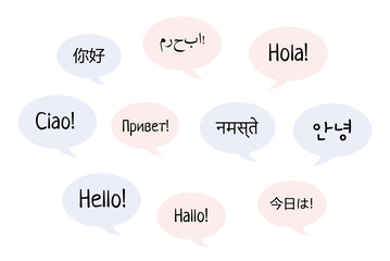 Wall Mural - Greetings in different languages of the world. Word Hello in different languages in the clouds. English, Chinese, German, Russian. Diverse cultures, international communication concept. Flat image