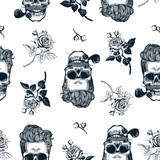 Fototapeta Młodzieżowe - Hipster seamless pattern with skulls silhouettes, flowers roses. Sculls in vintage engraving style. Mustache, beard, tobacco pipes. Black and white Vector illustration.