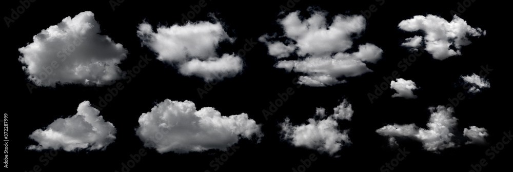 Clouds set isolated on black background. White cloudiness, mist or smog background. Design elements on the topic of the weather. White cloud collection. - obrazy, fototapety, plakaty 