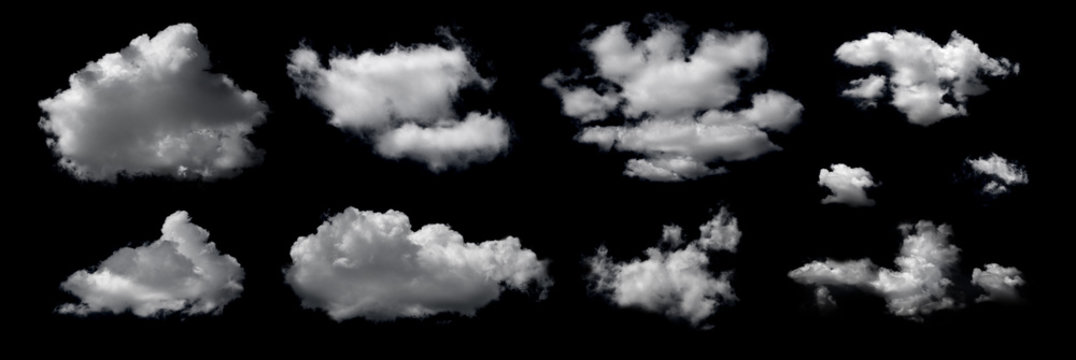 Wall Mural - Clouds set isolated on black background. White cloudiness, mist or smog background. Design elements on the topic of the weather. White cloud collection.