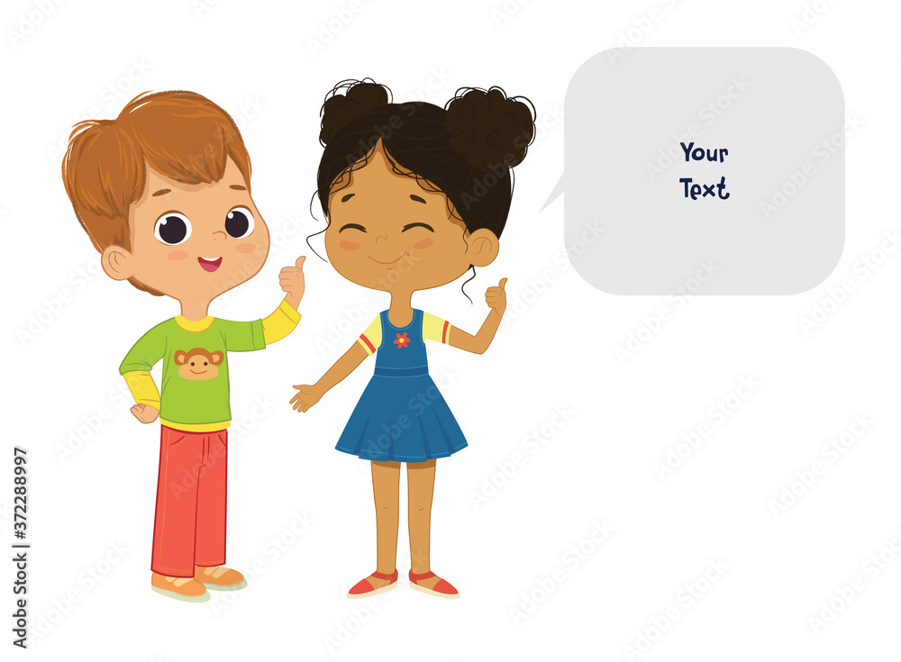 Vector illustration of the cute boy and girl pointing at a bubble with ...