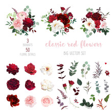 Classic Luxurious Red And Peachy Roses, Pink Carnation, Ranunculus, Dahlia