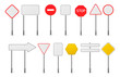 © klyaksun - Road signs collection. Vector realistic set of blank traffic sign boards different shapes for attention, alert, speed limit and direction notice isolated on white background