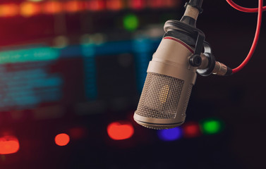 Professional microphone in radio station studio