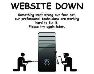 Wall Mural - Comical website down with technicians working to solve the problem isolated on white background