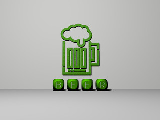 Poster - 3D representation of BEER with icon on the wall and text arranged by metallic cubic letters on a mirror floor for concept meaning and slideshow presentation for illustration and alcohol