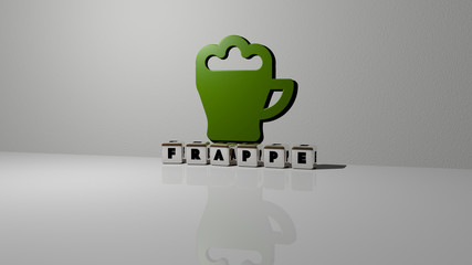 Leinwandbilder - frappe text of cubic dice letters on the floor and 3D icon on the wall, 3D illustration for coffee and beverage