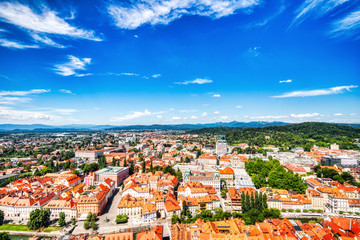 Wall Mural - Ljubljana City Center Aerial View during a Sunny Day