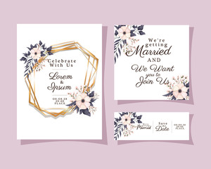 Wall Mural - Wedding invitations set with gold ornament frames and white flowers with leaves on purple background design, Save the date and engagement theme Vector illustration