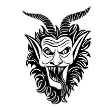 Krampus. Scary Krampus. Horned Devil. Realistic. Heck. Traditional Christmas Devil. Little Devil Stealing A Child.Hand Drawn Illustration For Cards, Posters, Stickers And Professional Design. Austrian