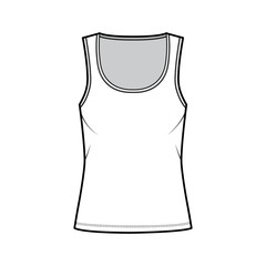 Cotton-jersey tank technical fashion illustration with relaxed fit, wide scoop neckline, sleeveless. Flat outwear cami apparel template front white color. Women men unisex shirt top CAD mockup