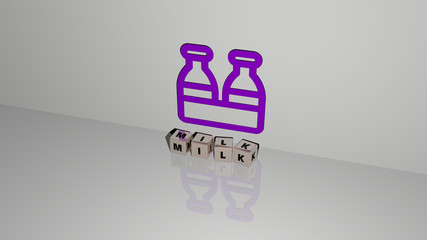Poster - MILK text of cubic dice letters on the floor and 3D icon on the wall, 3D illustration for background and food