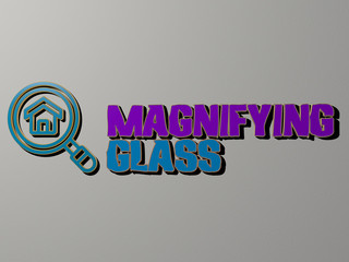 Poster - 3D representation of magnifying glass with icon on the wall and text arranged by metallic cubic letters on a mirror floor for concept meaning and slideshow presentation for illustration and