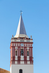 Bell tower of Our Lady of the Rest Parish (Parroquia de Nuestra Senora del Reposo) in Valverde del Camino, Huelva province, Andalusia, Spain