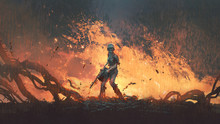 Woman With A Chainsaw Standing On Burning Ground, Digital Art Style, Illustration Painting