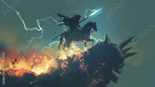 Fotomural a knight with his horse standing on the dark skull cliff, digital art style, ill