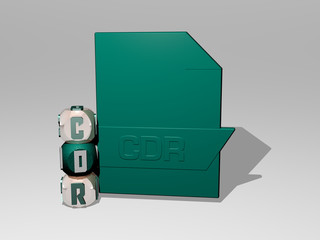 Wall Mural - 3D representation of CDR with icon on the wall and text arranged by metallic cubic letters on a mirror floor for concept meaning and slideshow presentation for illustration and background