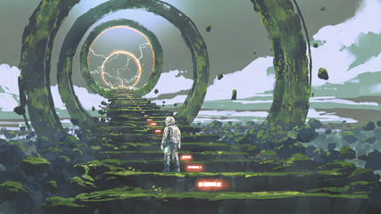 spaceman standing on the futuristic stairs and looking at the light at the end, digital art style, i