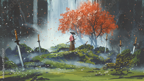 Cuadros en Lienzo samurai standing in waterfall garden with swords on the ground, digital art styl