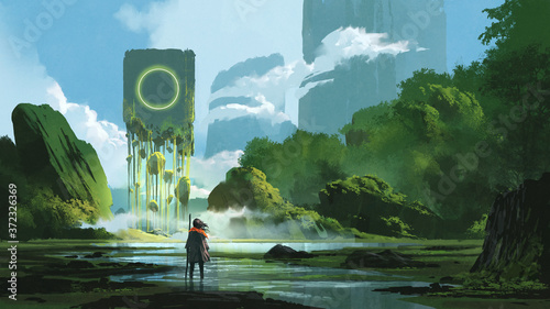 woman standing on creek looking at the mystery rock floating in midair, digital Tableau sur Toile