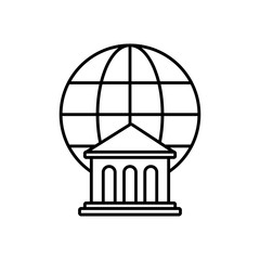 Poster - bank building and global sphere icon, line style