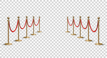 Barriers With Red Rope Line. VIP Zone, Closed Event Restriction. Realistic Image Of Golden Poles With Velvet Rope. Isolated On Transparent Background