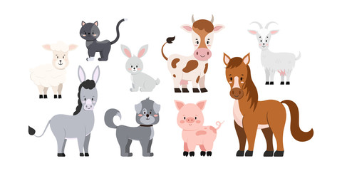 Farm livestock animals set isolated on white background. Cute and funny cartoon character - sheep, goat, cow, donkey, horse, pig, cat, dog, rabbit. Vector flat design clip art illustration.