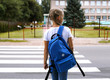 © Вера Шестопалова - European blonde girl goes to school. The child crosses the street at a pedestrian crossing.