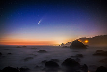 The Comet NEOWISE Over The Beaches Of Redwood National Park In California.