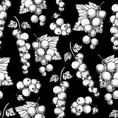 Seamless pattern with currant berry. Hand drawn sketch. Black and white style illustration. Vector illustration.