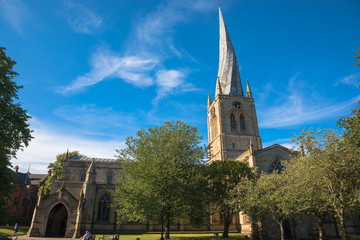 The twisted spire of the Church of St Mary and All Saints, Chesterfield, Derbyshire, UK