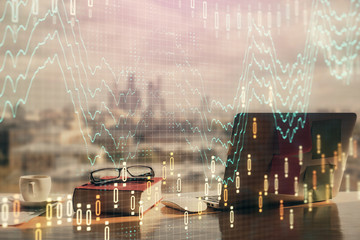 Poster - Double exposure of financial chart drawings and desk with open notebook background. Concept of forex market