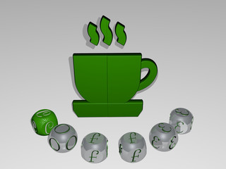 Poster - coffee round text of cubic letters around 3D icon, 3D illustration for background and cup