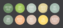 Hand Drawn Food Dietary Label Set. Natural Pastel Color On Grunge Circle Background.