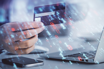Aufkleber - Double exposure of woman on-line shopping holding a credit card and data theme hologram drawing. E-commerce concept.