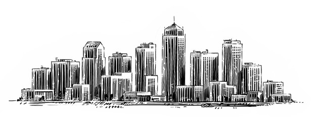 Modern city sketch. Hand drawn urban landscape with skyscrapers