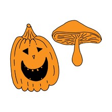 Halloween Pumpkin And Mushrooms. Hand-drawn In Doodle Style.