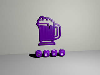 Poster - beer 3D icon on the wall and text of cubic alphabets on the floor, 3D illustration for alcohol and background