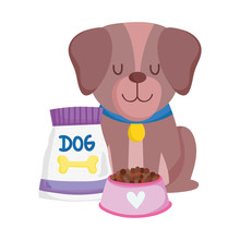 Pet Shop, Brown Dog Sitting With Food Bowl And Pack Animal Domestic Cartoon