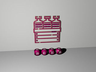 Poster - 3D graphical image of BEER vertically along with text built by metallic cubic letters from the top perspective, excellent for the concept presentation and slideshows for illustration and alcohol