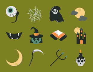 Wall Mural - happy halloween, green background trick or treat party celebration flat icons set