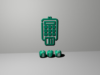 Poster - atm 3d icon on the wall and text of cubic alphabets on the floor, 3d illustration for bank and card