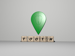 Poster - tooth 3d icon on the wall and cubic letters on the floor, 3d illustration for dental and care