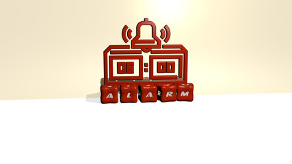 Poster - 3d representation of alarm with icon on the wall and text arranged by metallic cubic letters on a mi