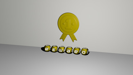 Poster - reward 3d icon on the wall and text of cubic alphabets on the floor, 3d illustration for award and b