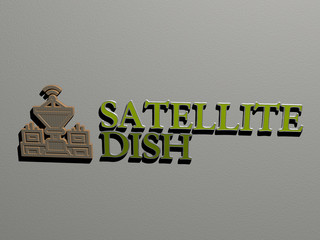 Poster - satellite dish icon and text on the wall, 3d illustration for space and background