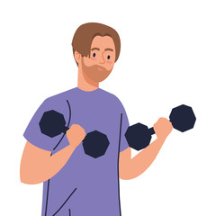 Sticker - young man doing exercises with dumbbells, sport recreation exercise vector illustration design