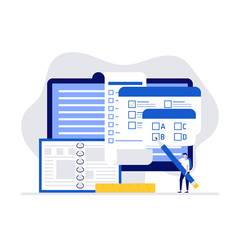 Poster - Online examination platform vector illustration concept with big computer and test site. Modern vector illustration in flat style for landing page, mobile app, web banner, infographics, hero images