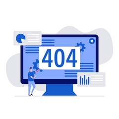 Wall Mural - 404 error on display concept with characters. Modern vector illustration in flat style for landing page, mobile app, poster, flyer, template, web banner, infographics, hero images